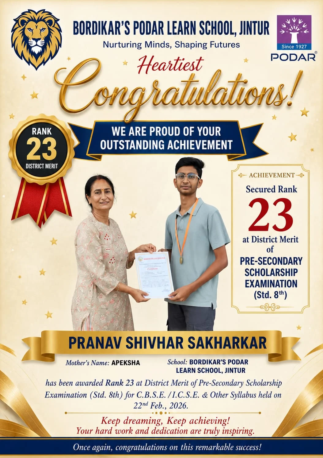 Congratulations poster: Pranav Shivhar Sakharkar, Rank 23 in District Merit
