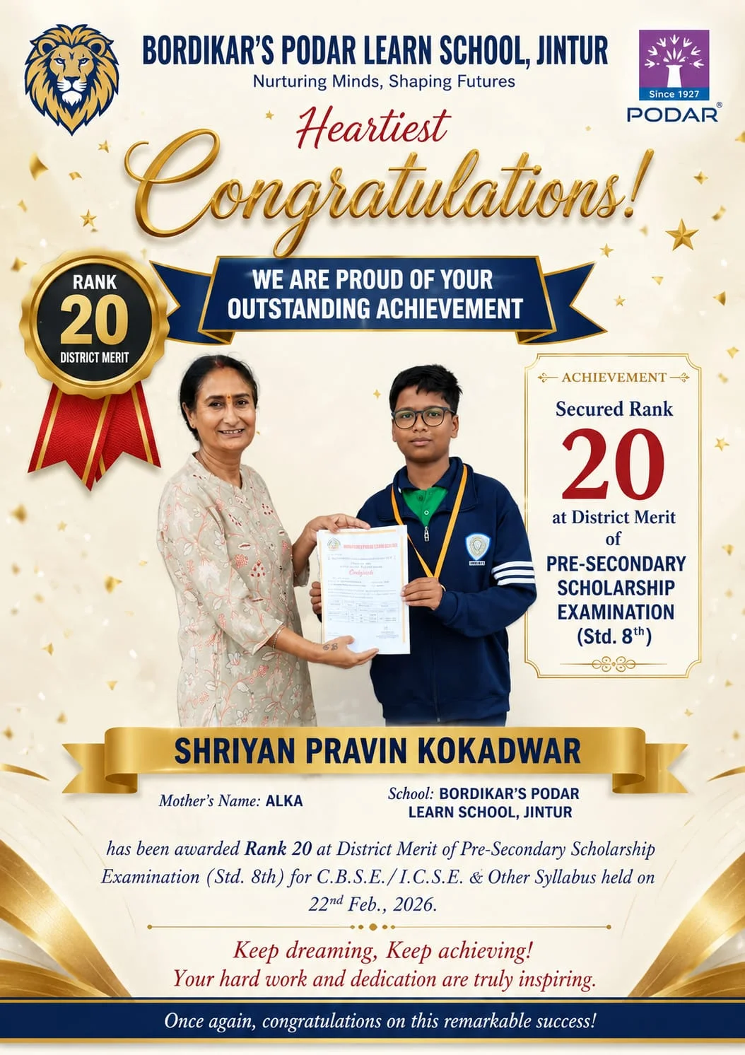 Congratulations poster: Shriyan Pravin Kokadwar, Rank 20 in District Merit