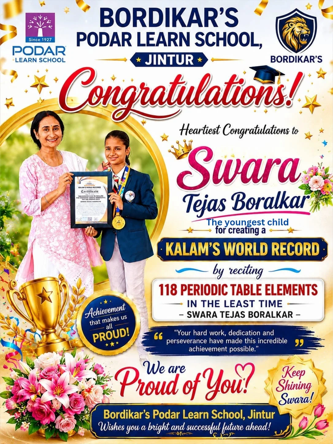 Congratulations poster: Swara Tejas Boralkar with her Kalam's World Record certificate
